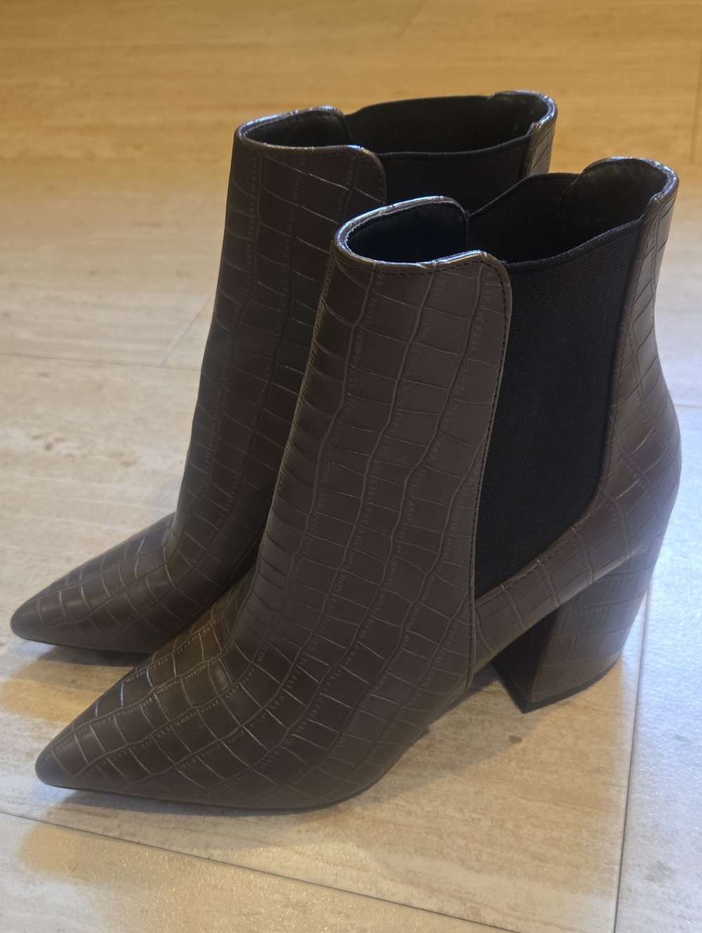 Qupid Faux Croc Pointed Toe Ankle Boots
